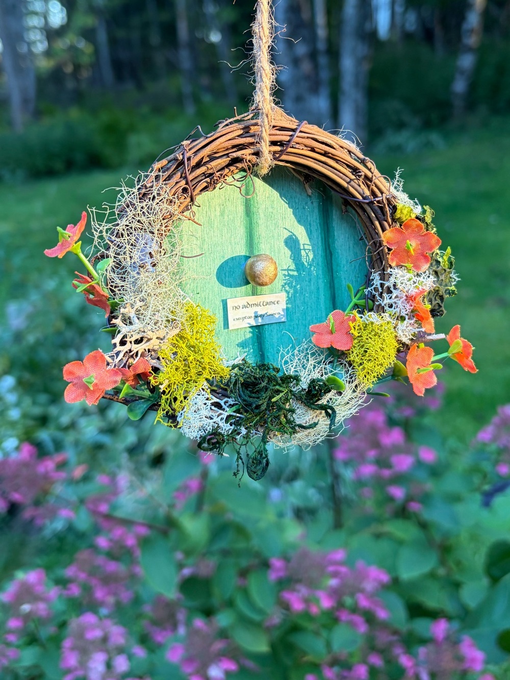 Handcrafted Green hobbit Door ornament with orange Flowers